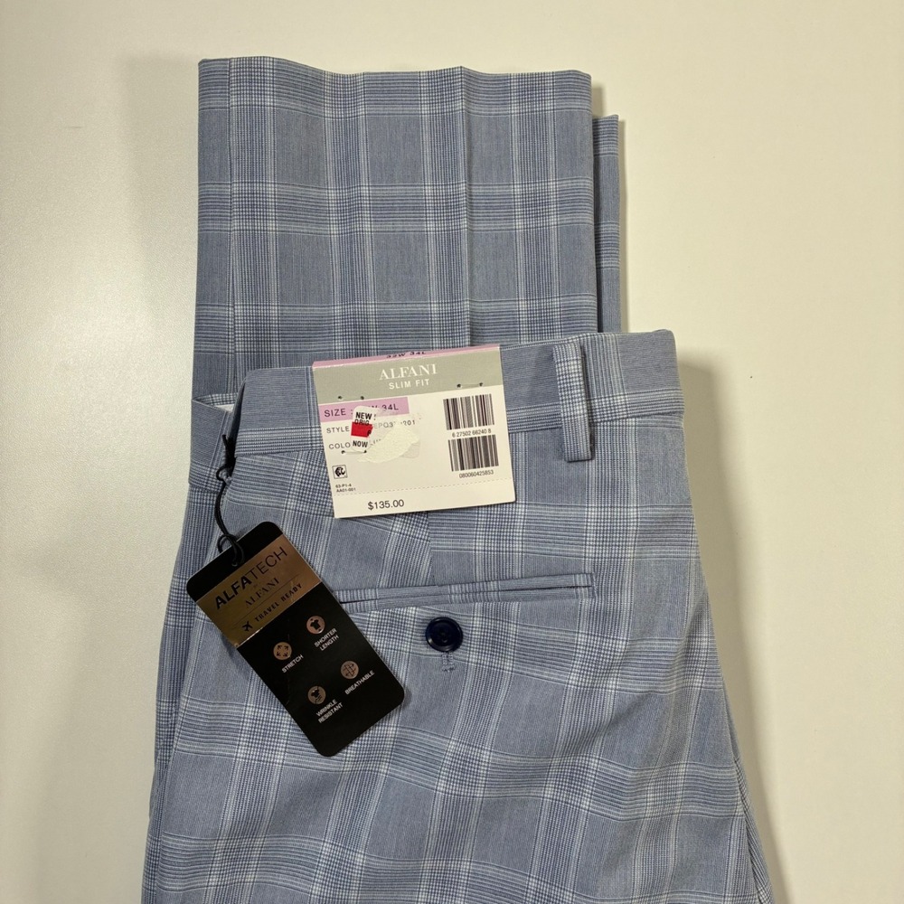 NEW Alfani Dress Pants 32x34 Blue Alfatech Slim Fit Glen Plaid Trousers $135